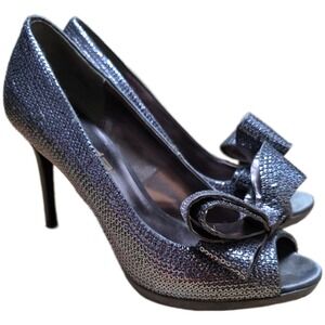 Moda Spana Sequin Bow Stiletto Heels Shoes Women's Size 6.5 Silver Peep Toe